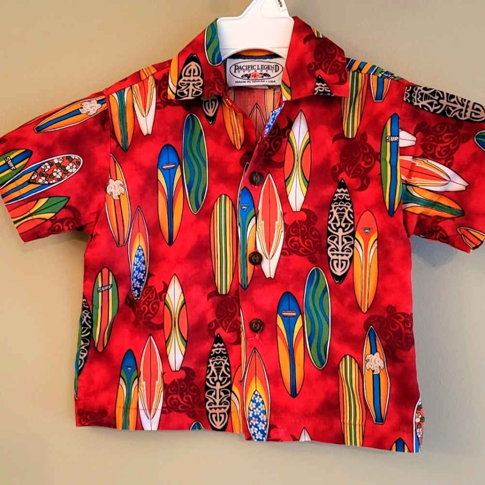 Bright surf board print button down cotton shirt